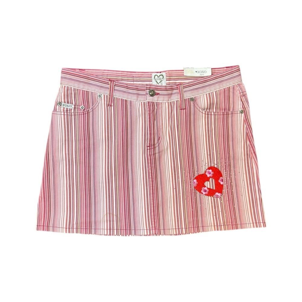 Y2K Xoxo Red + Pink Pinstripe Heart Embroidered Rhinestone Denim Skirt Size 9/10